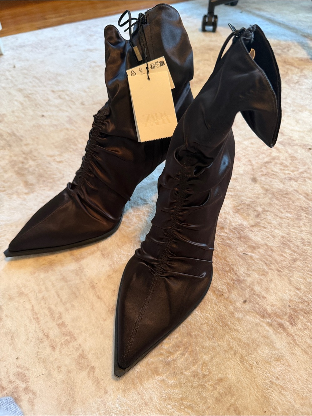 Zara Black Pointed Ruched High-Heel Ankle Boots